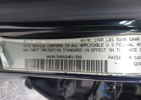 2002 Audi A6 4.2L from USA, damaged, VIN WAUML54B82N031999
